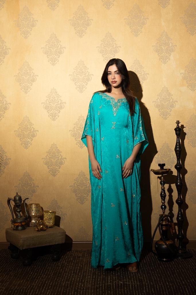 Turquoise Hand-Embroidered Kaftan