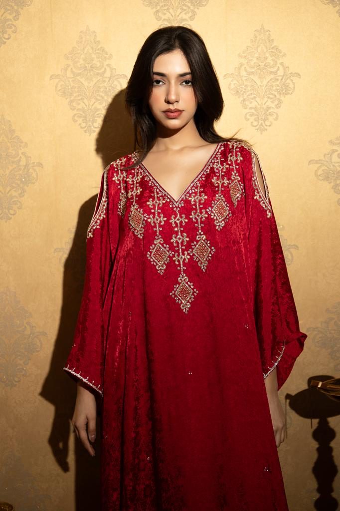Maroon Hand-Embroidered Kaftan